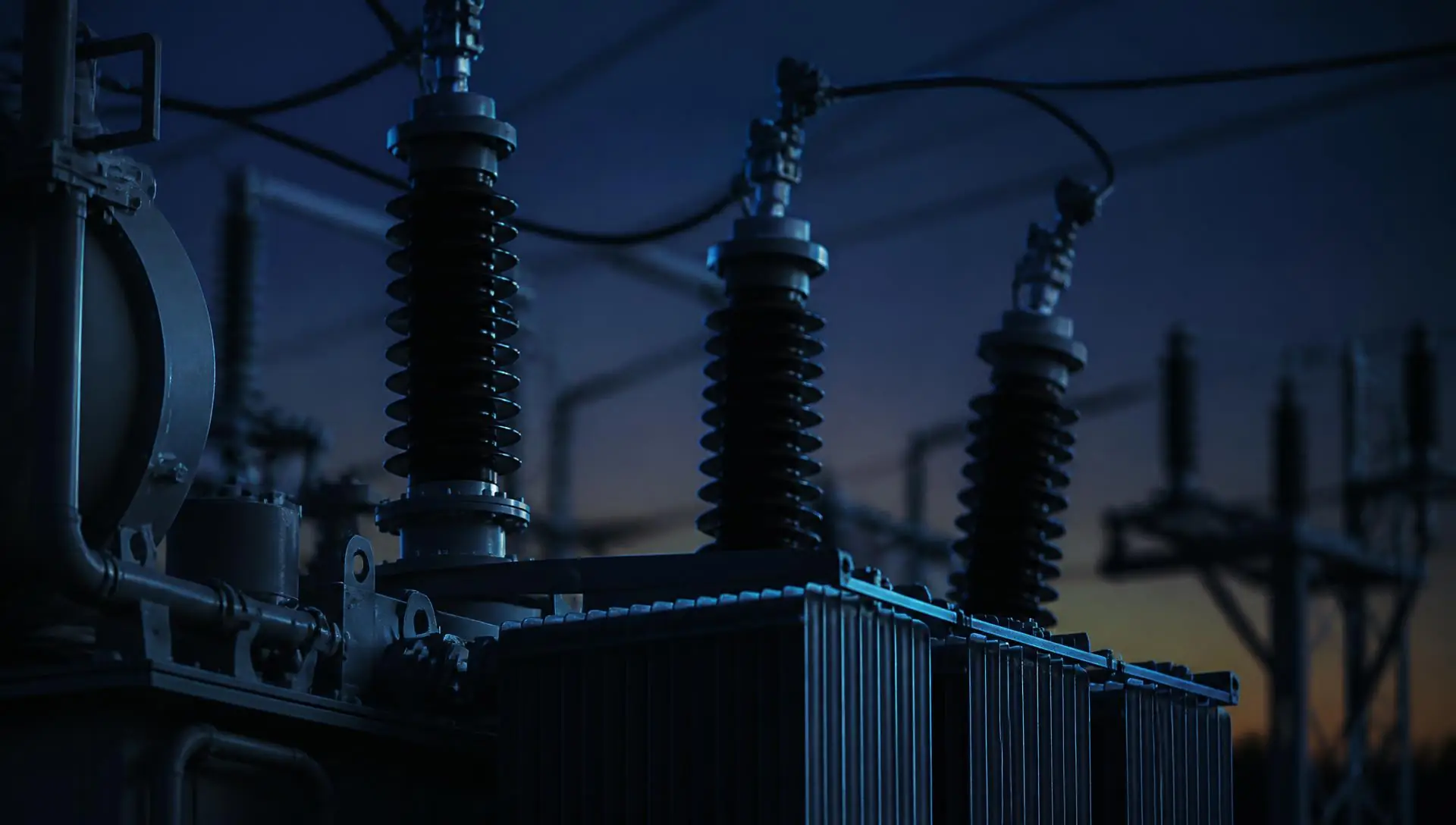 High-voltage power transformer and substation bushings at dusk
