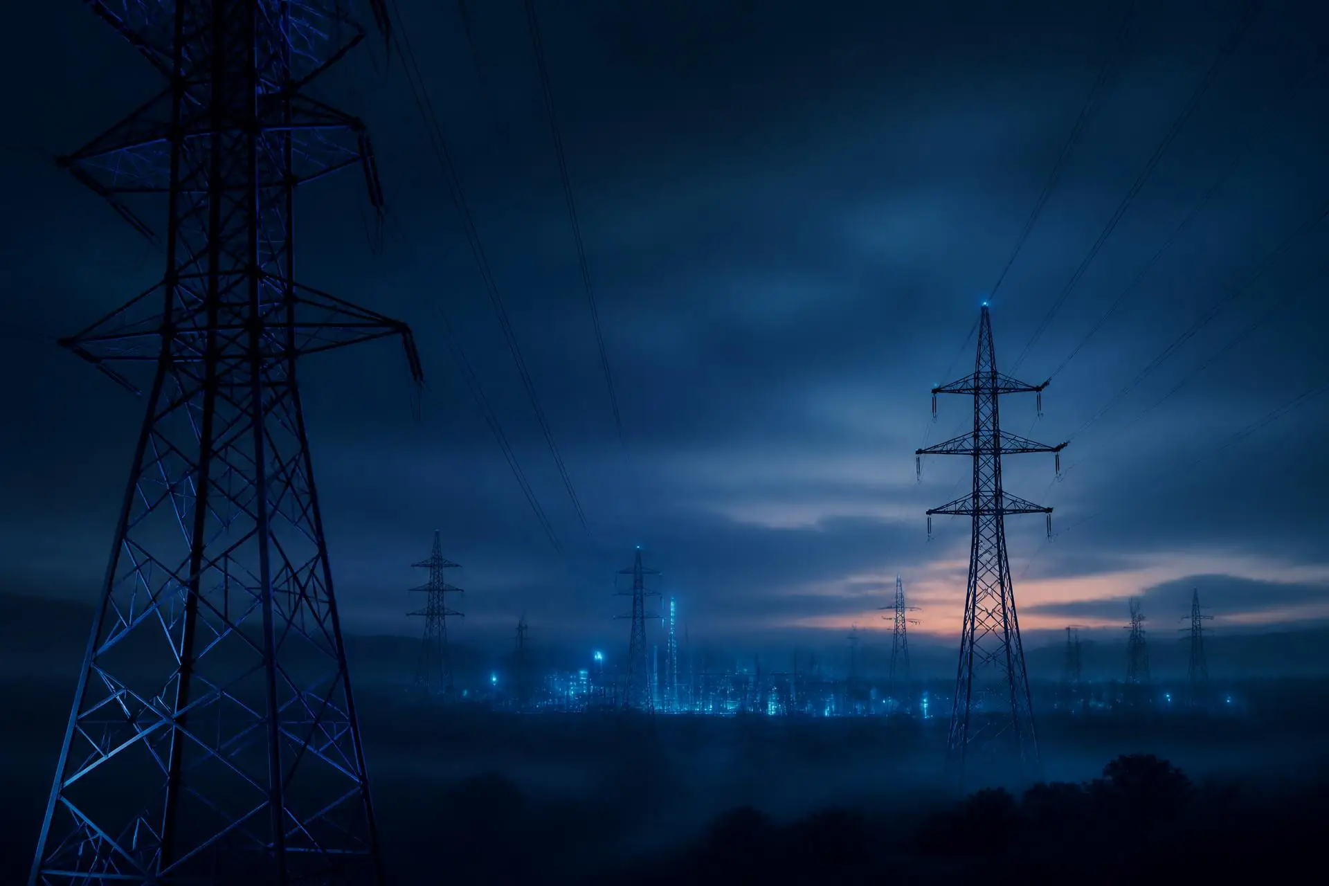 High-voltage transmission grid at dusk